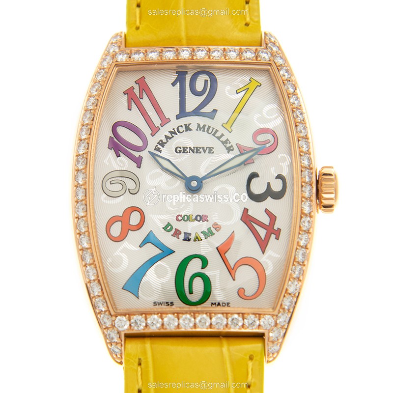 Sophisticated Franck Muller 2852 QZ Cintree Curvex, Silver Dial, 18kt Rose Gold Case with Diamonds