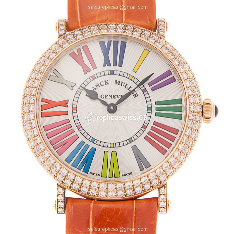 Sophisticated Franck Muller 8038 QZ White Dial Replica, 18kt Rose Gold Case, Diamond Bezels Watch