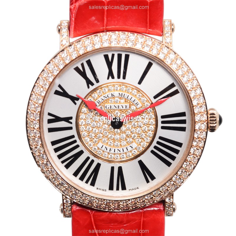 Sophisticated Franck Muller 8041 QZ Replica in 18kt Rose Gold, Diamond Bezels, & Silver Dial Watch