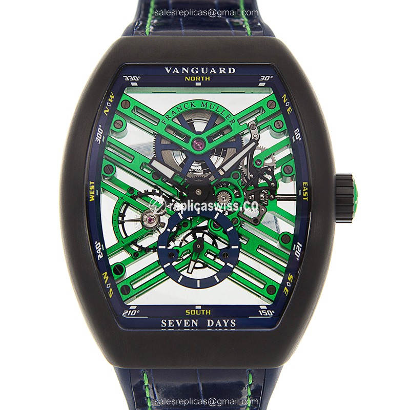 Sophisticated Franck Muller V 45 S6 Vanguard in Stainless Steel with Green Dial & Blue Alligator
