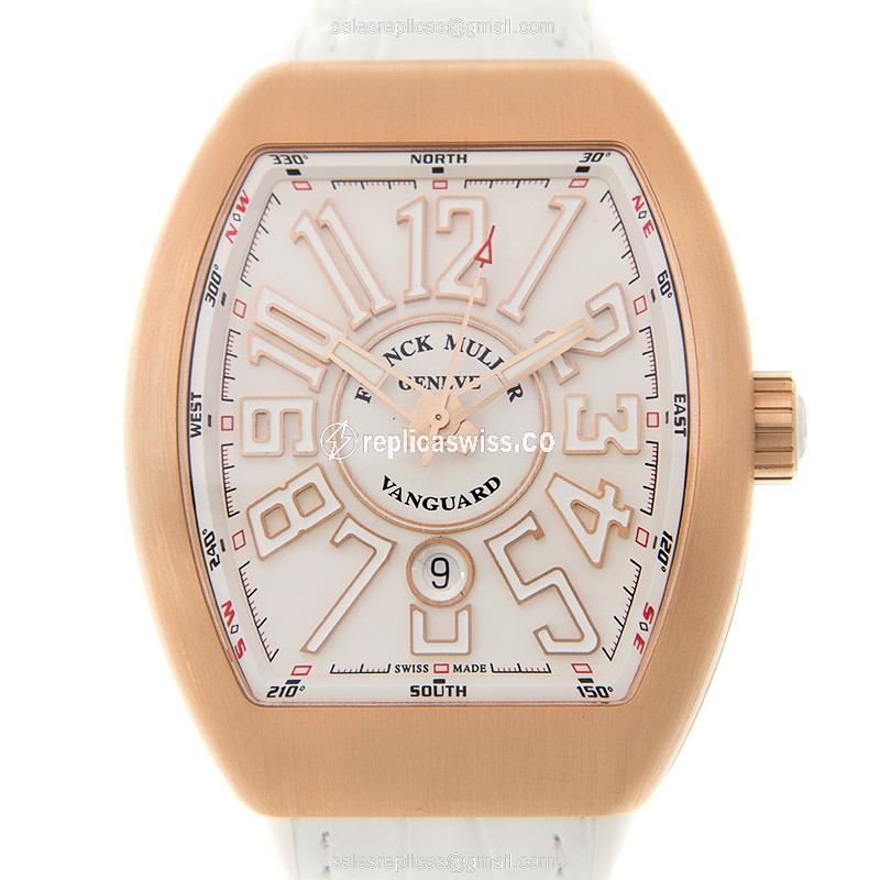 Sophisticated Franck Muller V 45 SC DT Vanguard, Automatic, 18kt Rose Gold, White Dial & Buckle