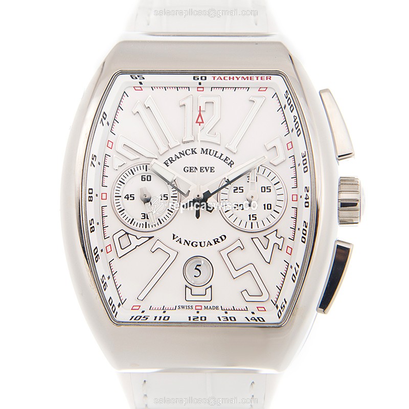 Sophisticated Franck Muller V 45 VANGUARD Automatic Steel Watch with White Dial Leather Strap