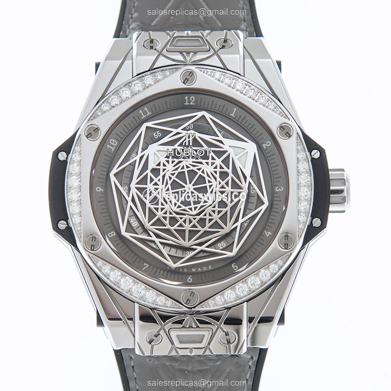Sophisticated Hublot Big Bang Replica, Automatic Movement, Diamond-Clad Stainless Steel, Gray Dial