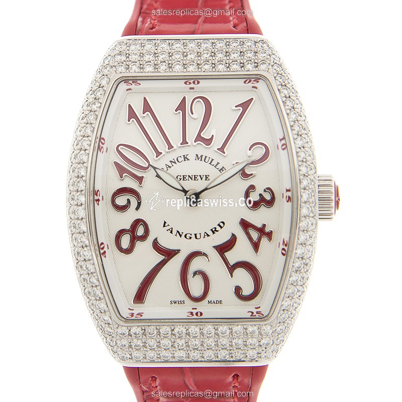 Sophisticated White Dial Franck Muller Vanguard Quartz Watch, Stainless Steel Case with Red Leather