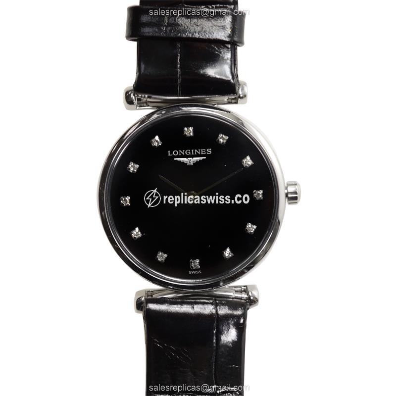 Stainless Steel Longines L4.209.4.58.2 Replica Watch | Black Dial | Alligator Strap