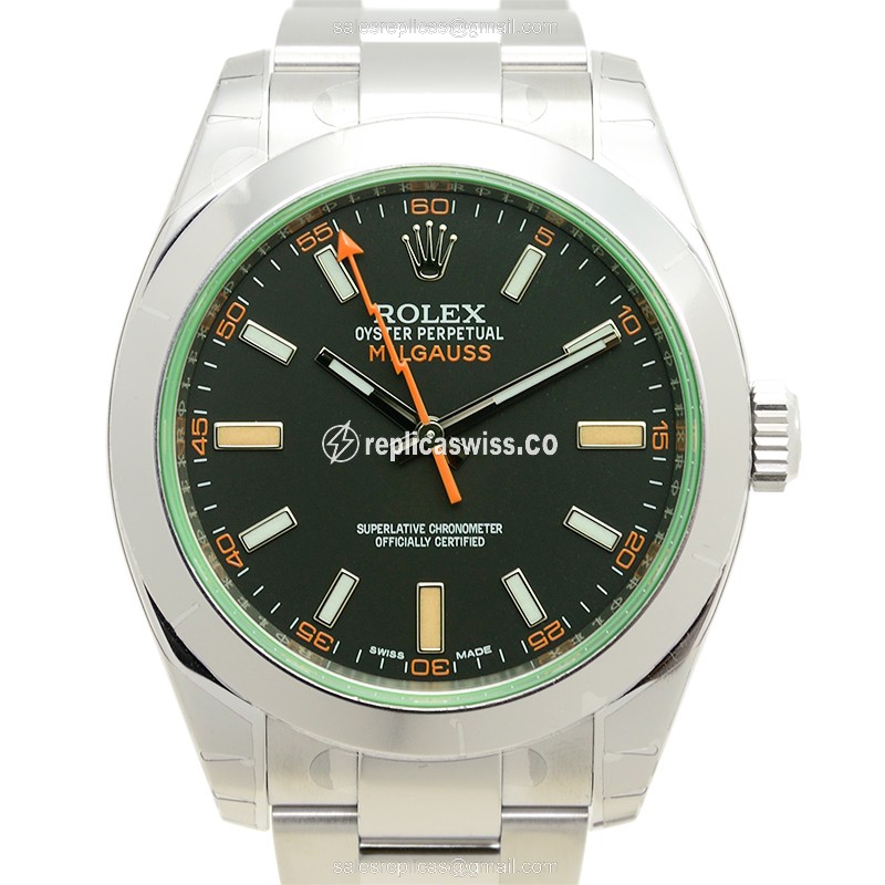 Stunning Rolex Milgauss Replica in Stainless Steel with Automatic Movement Black Dial Watch
