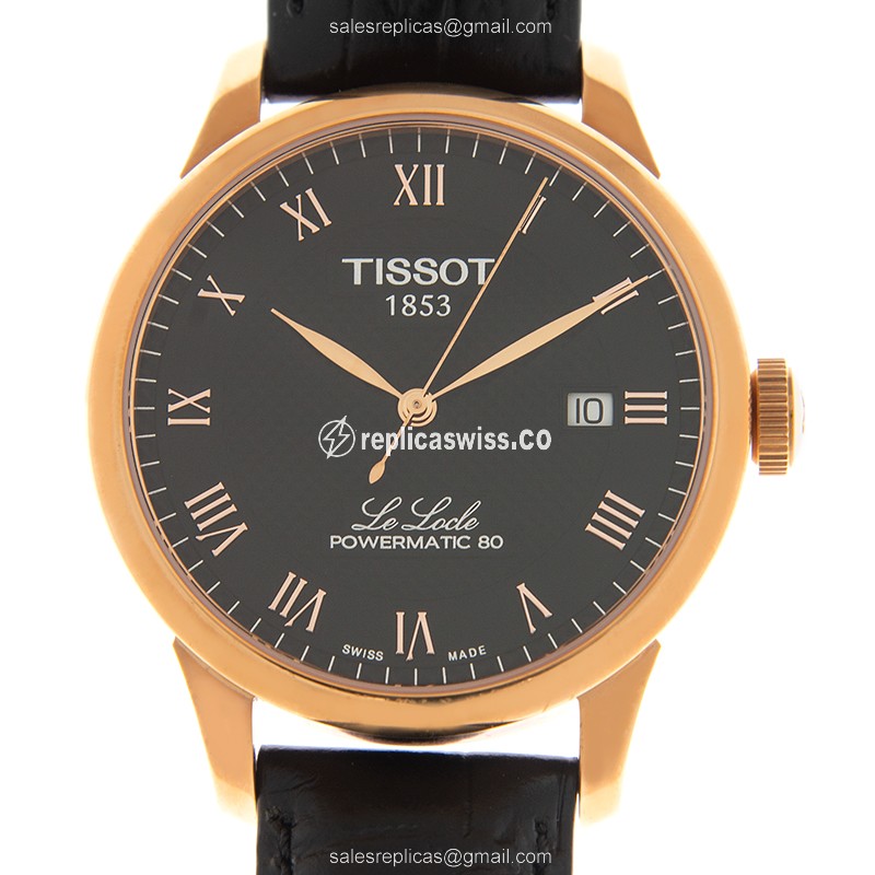 Tissot LE LOCLE Automatic Gold Watch | Black Dial, Leather Strap