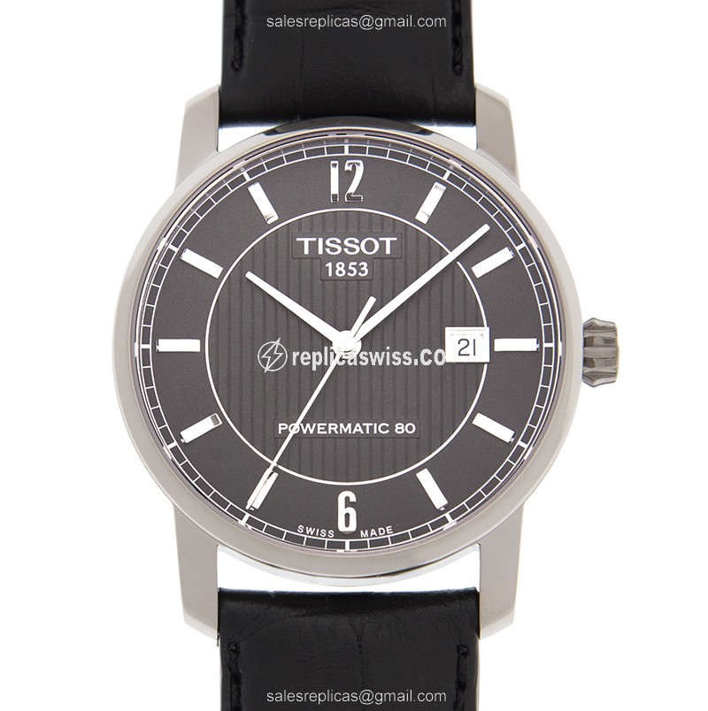 Tissot T-Classic Black Dial Automatic Replica, Titanium Case, Leather Strap Watch