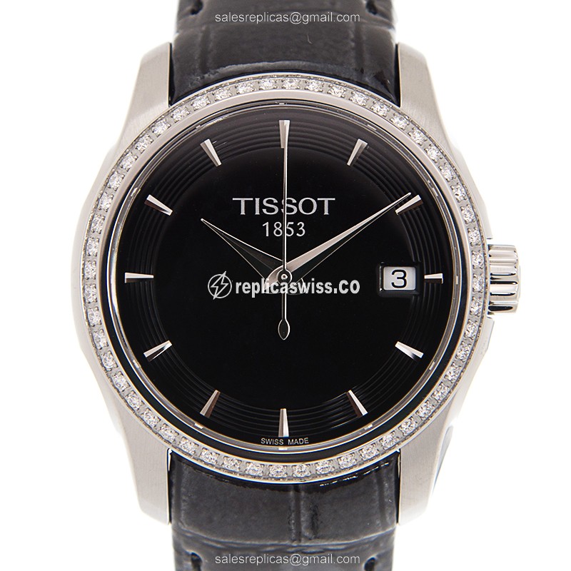 Tissot T-Classic Black Diamond-Infused Quartz Watch with Premium Leather Strap