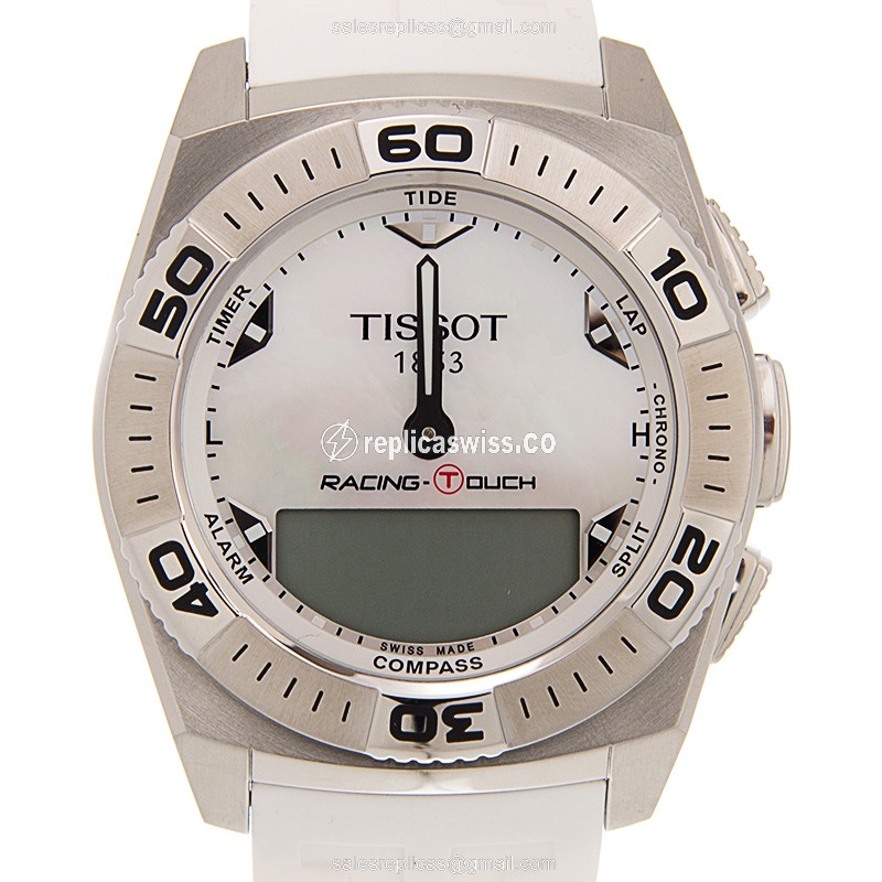 Tissot TOUCH石英机械表，白面白带橡胶表带，优雅精钢表壳 Watch