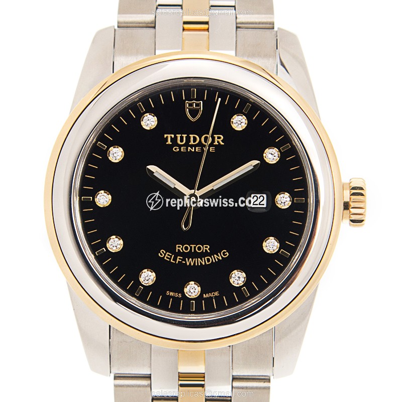Tudor 53003-68033GLAMOUR Black Dial Steel Case Automatic Watch with Gold Straps
