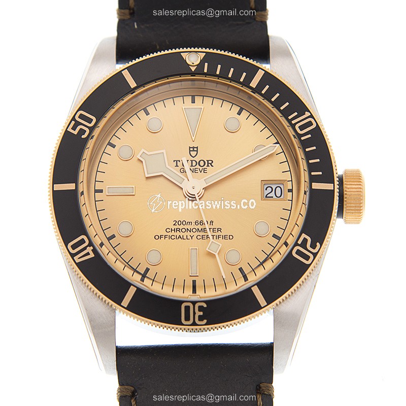 Tudor Black Bay 79733N Replica in 18kt Gold & Steel, Automatic Movement & Black Leather Strap Watch