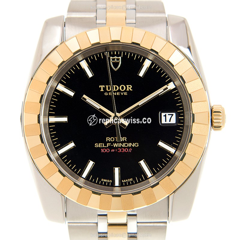 Tudor Classic Automatic Gold & Steel Replica | Black Dial, 18kt Gold Clasp Watch
