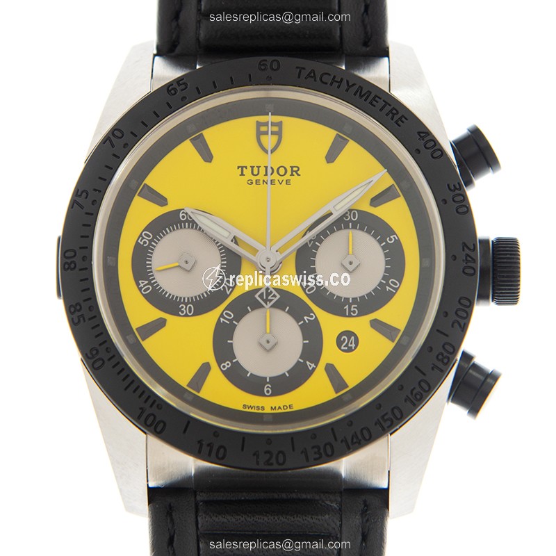 Tudor Fastrider Chrono Replica in Stainless Steel & Yellow Dial, Automatic Movement & Leather Strap
