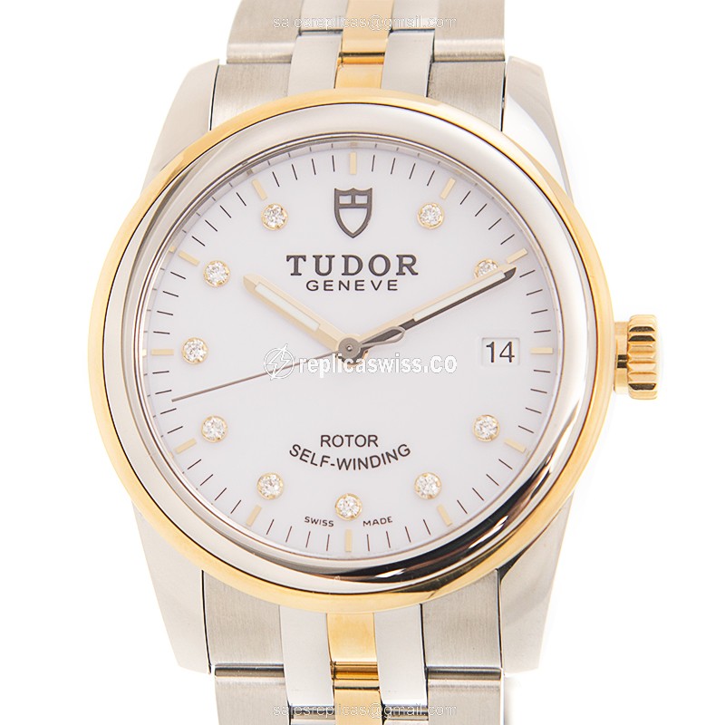 Tudor Glamour Date 55003-68053: Automatic White Dial, Gold-Steel Case Elegance Watch