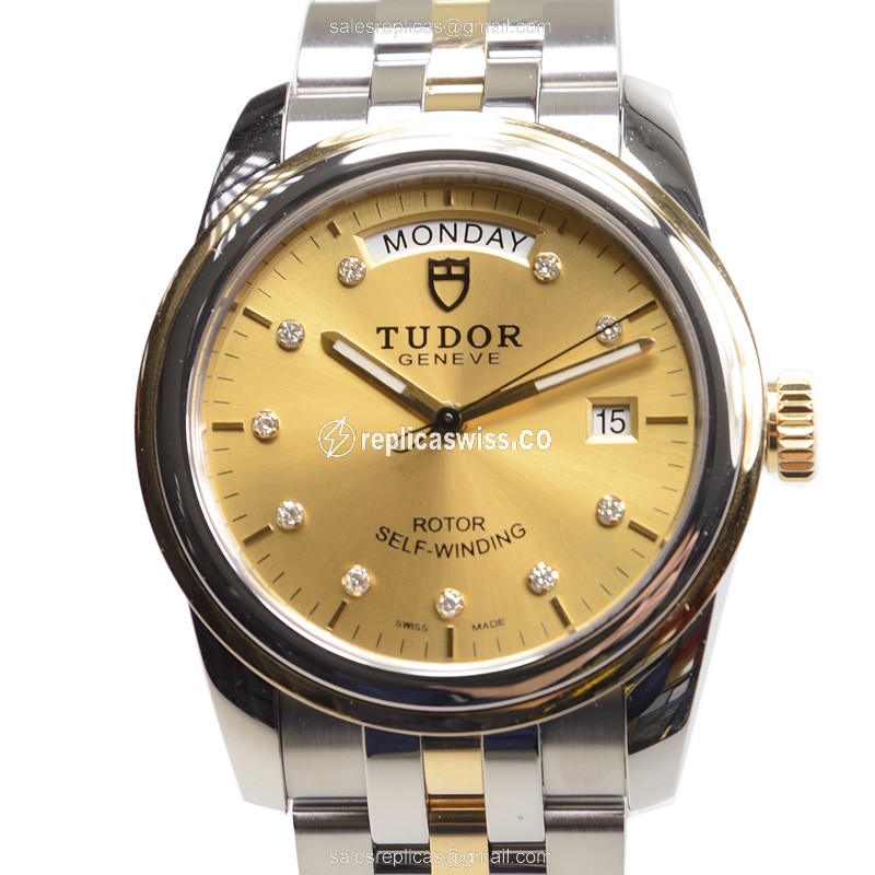 Tudor Glamour Date Replica in 18kt Gold & Steel Case, Automatic Movement, Silver Clasp Watch