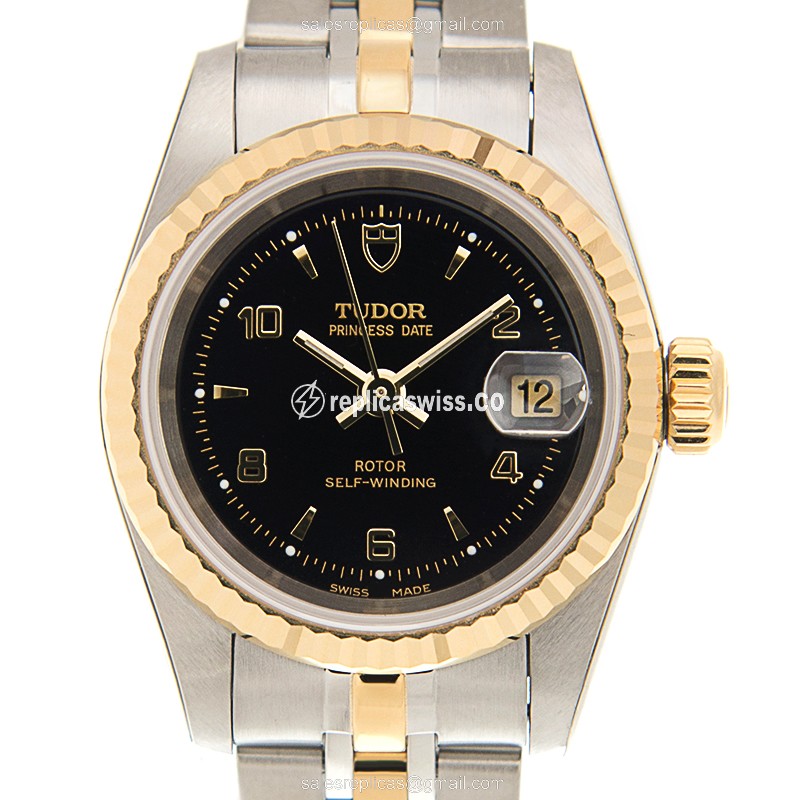 Tudor Princess Date Replica in 18kt Gold & Black Dial, Automatic Self-Winding Movement Watch