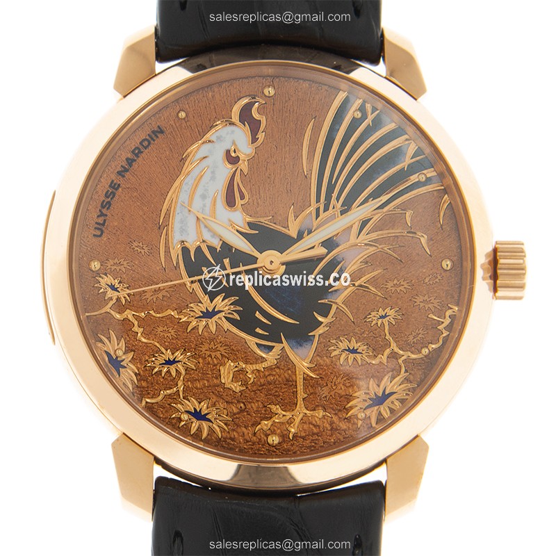 Ulysse Nardin Rooster Classique Gold Case Automatic, Black Alligator Strap Replica Watch