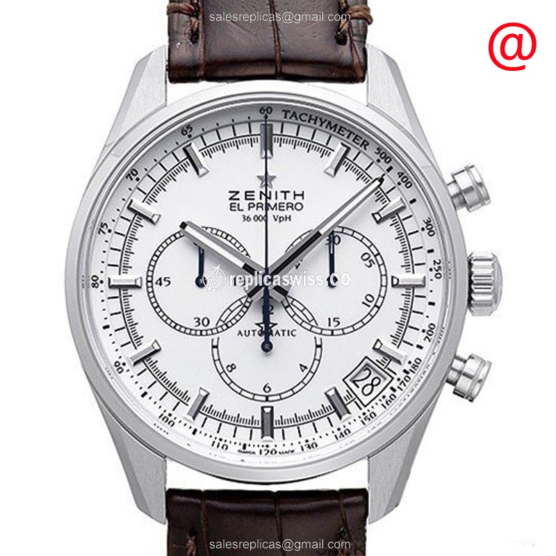 Zenith Chronomaster Replica in Stainless Steel, Automatic Movement, White Dial & Brown Alligator