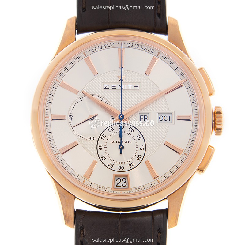 Zenith Commander Automatic Gold Case, Silver Dial, Leather Strap Luxury Replica Watch