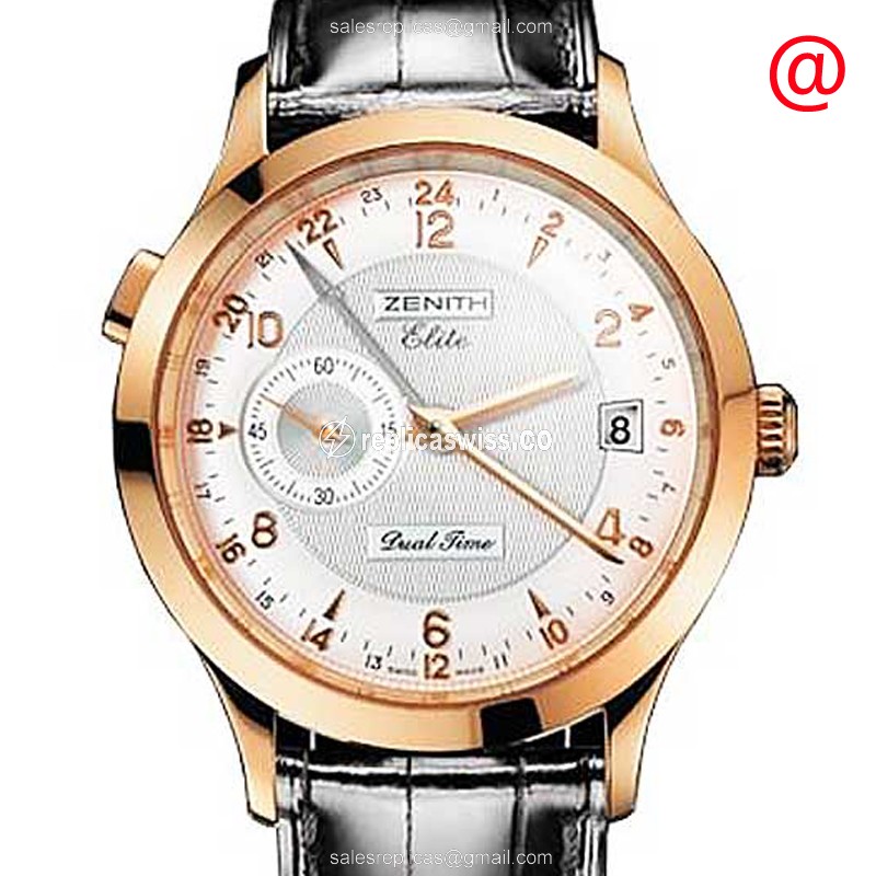 Zenith Elite Automatic Replica in 18kt Gold, Silver Dial, Black Alligator Strap Watch