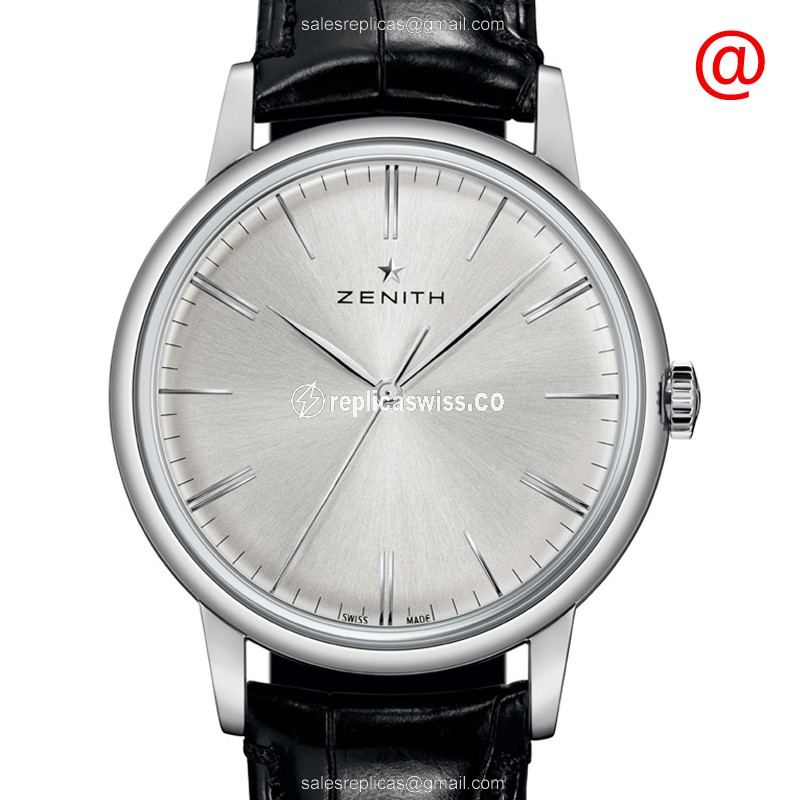 Zenith Elite Automatic Replica in Stainless Steel & Silver Dial, Alligator strap Watch