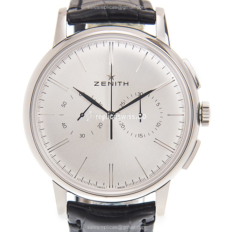 Zenith Elite Automatic Replica, Stainless Steel Case, Silver Dial & Black Alligator Strap Watch
