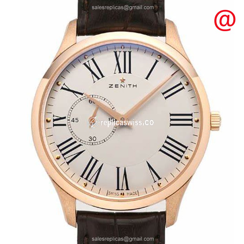 Zenith Elite Automatic Replica, White Dial, 18kt Gold Case, Brown Alligator Strap Watch