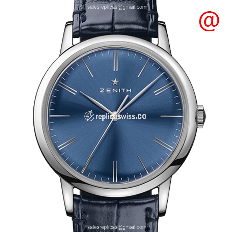 Zenith Elite Automatic Replica with Blue Dial & Stainless Steel Case, Alligator Strap Watch