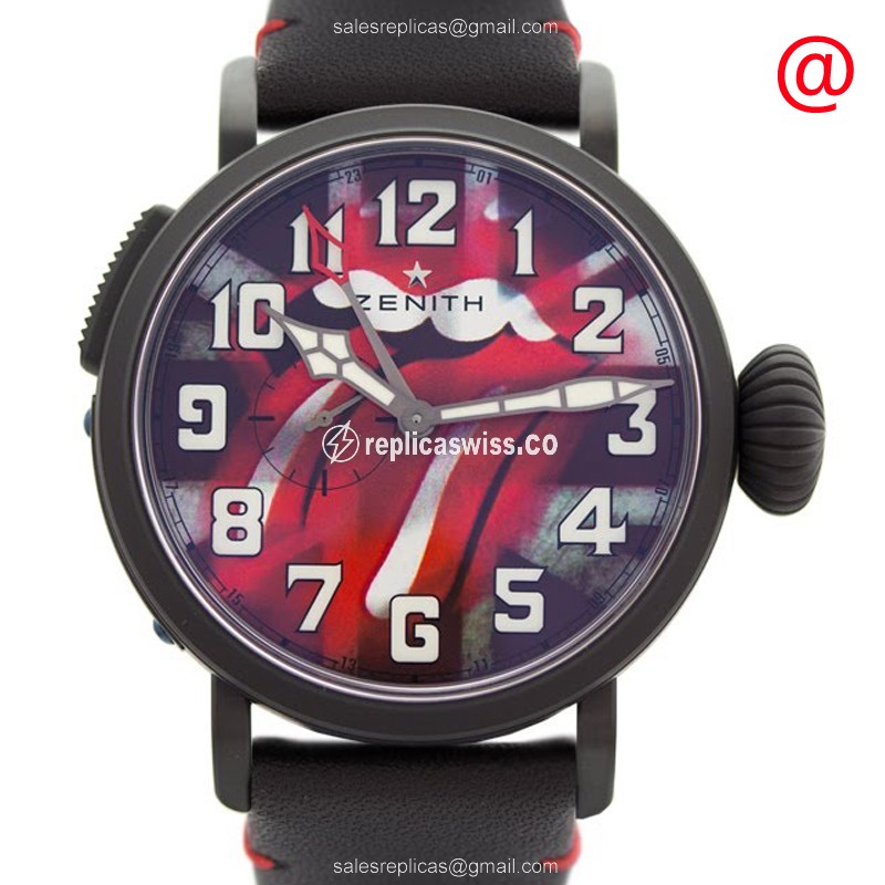 Zenith PILOTS Automatic Replica, Red Dial & Titanium Case, Cowhide Black Strap Watch
