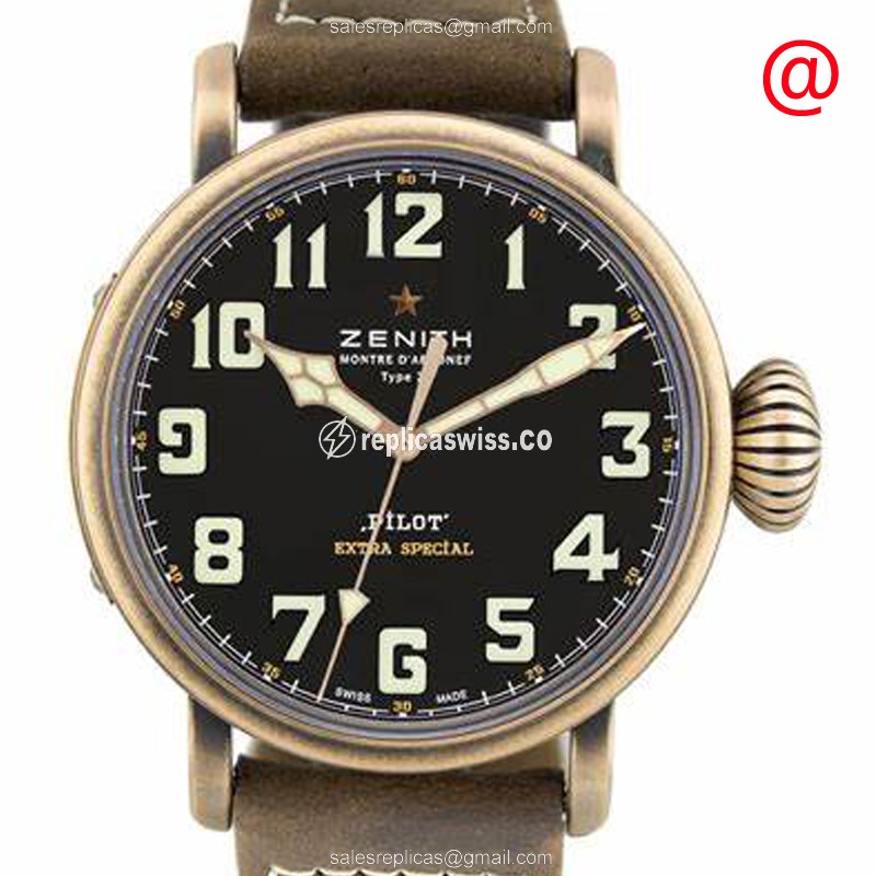 Zenith PILOTS Bronze Replica Watch | Automatic | Black Dial, Brown Leather Strap