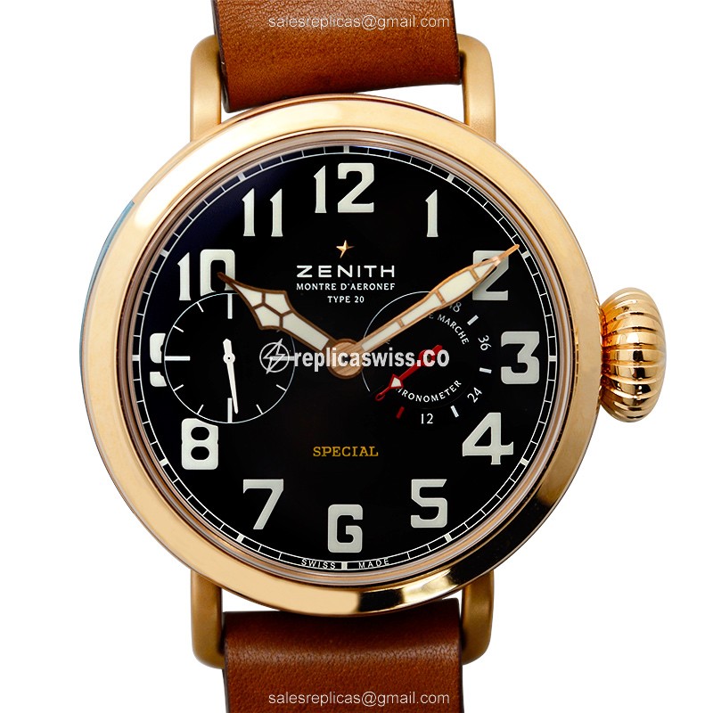 Zenith PILOTS Manual Wind Replica in 18kt Gold with Black Dial & Brown Cowhide Strap Watch