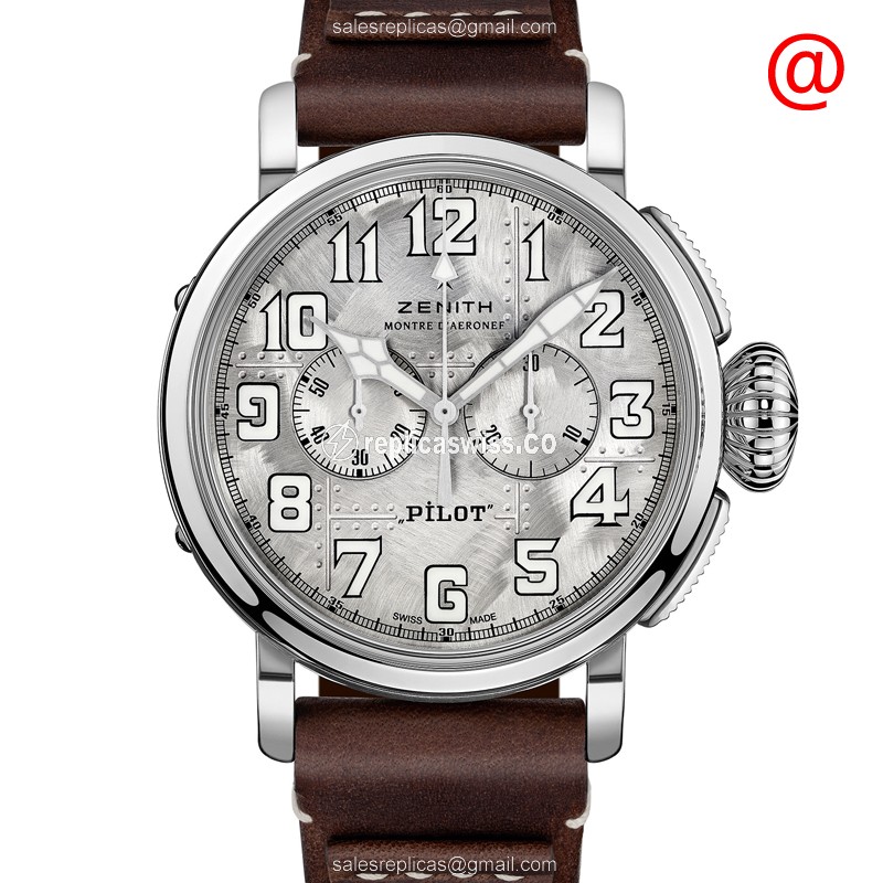 Zenith PILOTS Replica Watch | Automatic Movement | Silver Case & Brown Leather Strap